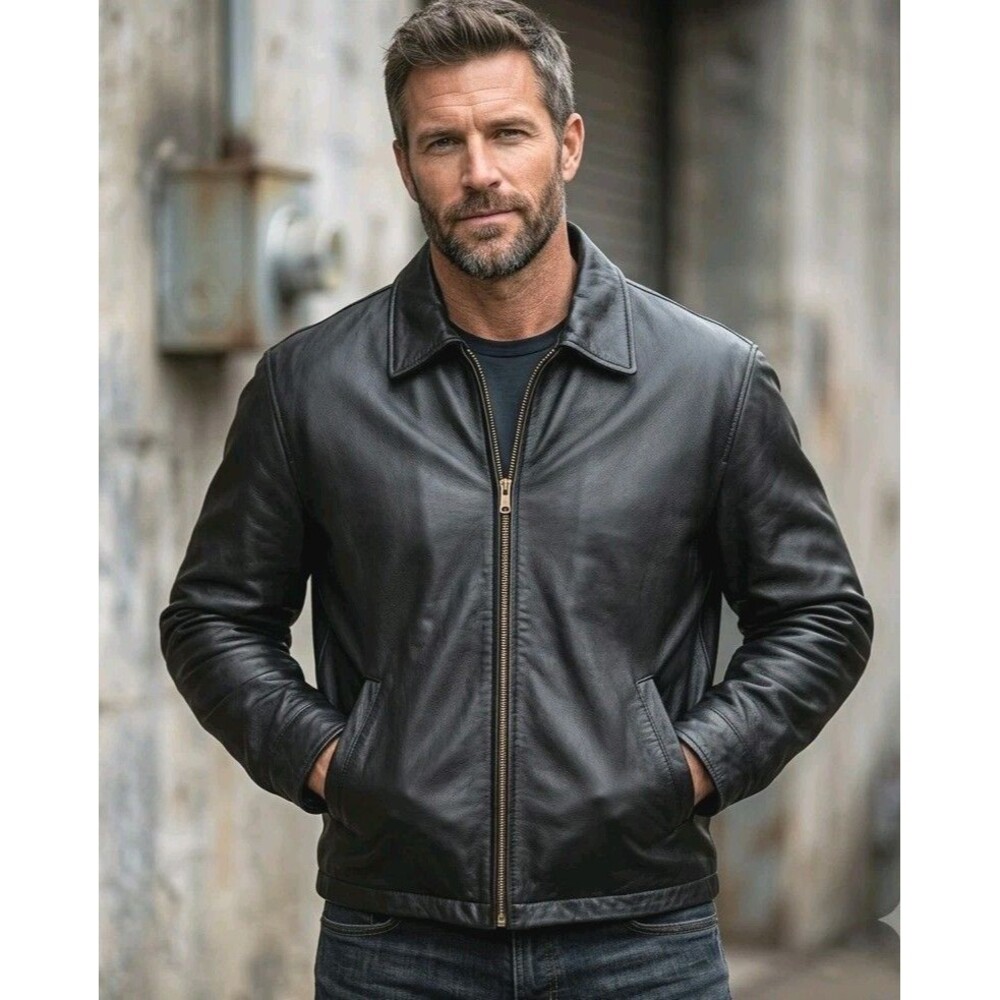 Torriani Mens Black Leather Jacket L Bomber Biker Vtg 90s Y2K Outdoor Utility